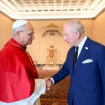 King Charles has met with Pope Leo XIV at the Vatican. (Reuters: Supplied / Vatican Media)